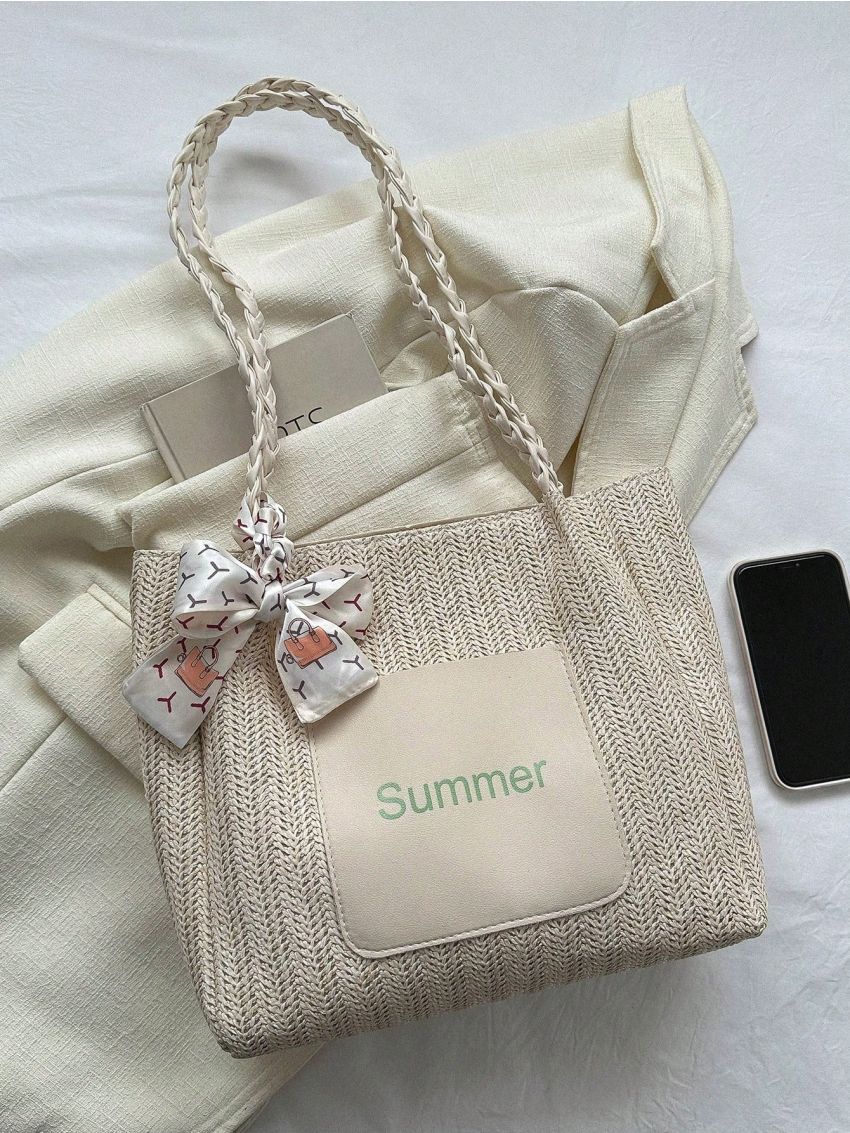 Letter Graphic Straw Bag Medium Twilly Scarf Decor Vacation