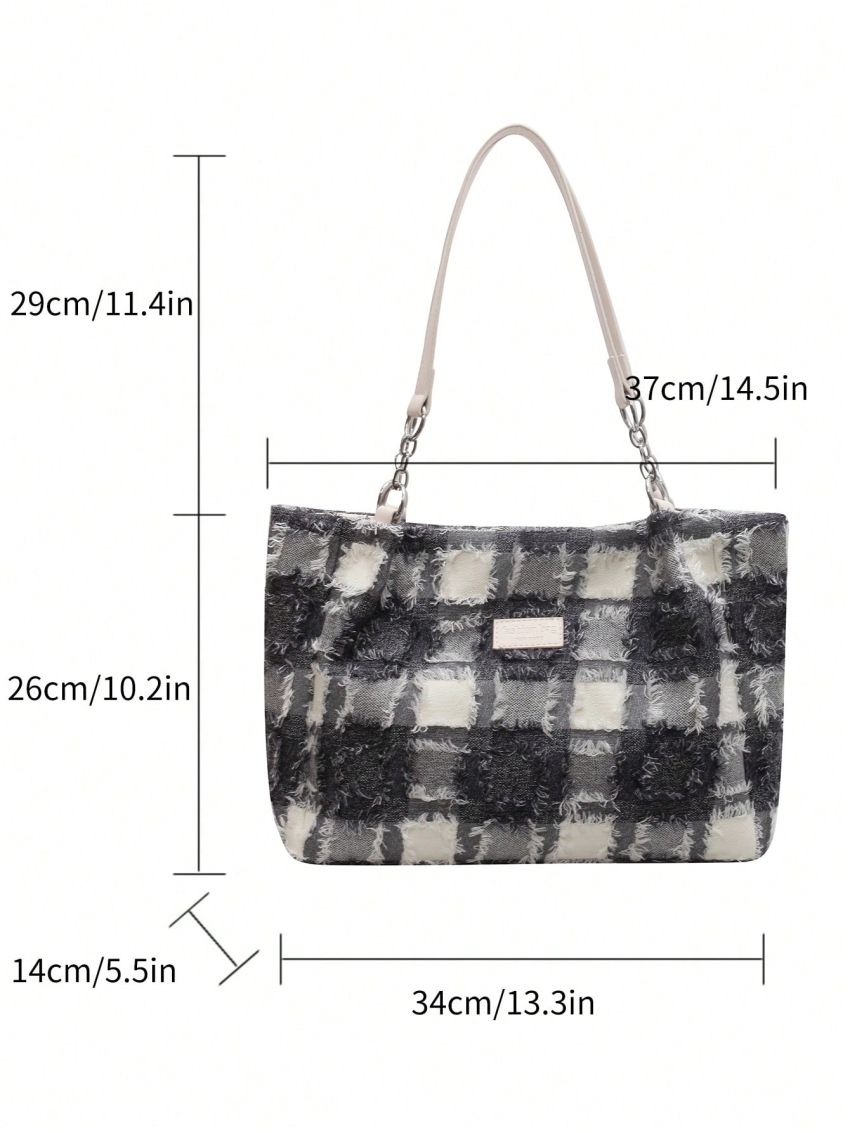Medium Shoulder Tote Bag Plaid Pattern Double Handle For Daily