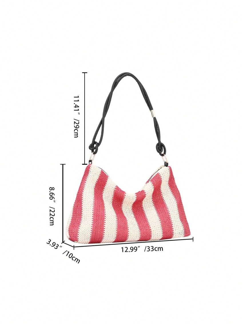 Striped Pattern Straw Bag Zipper