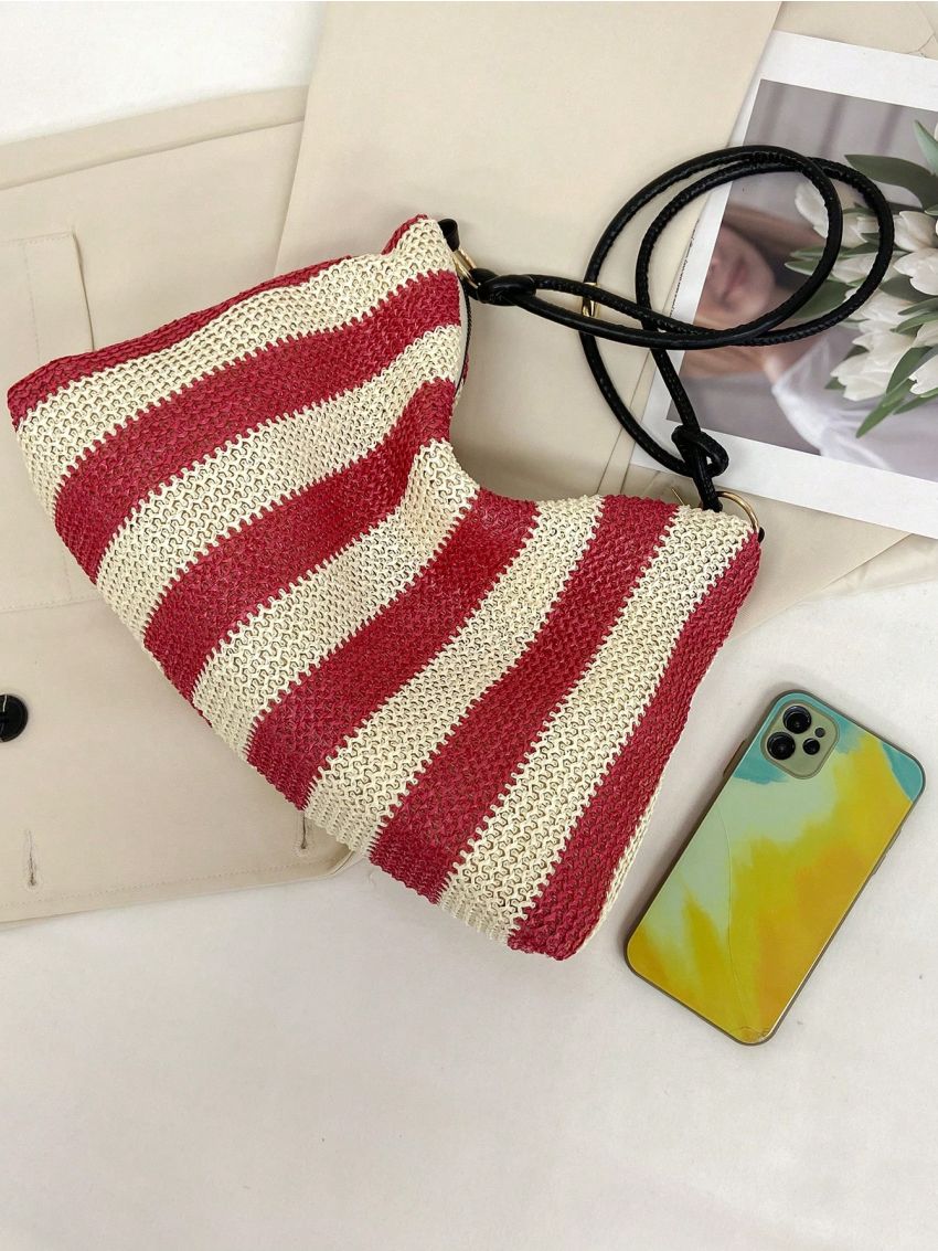 Striped Pattern Straw Bag Zipper