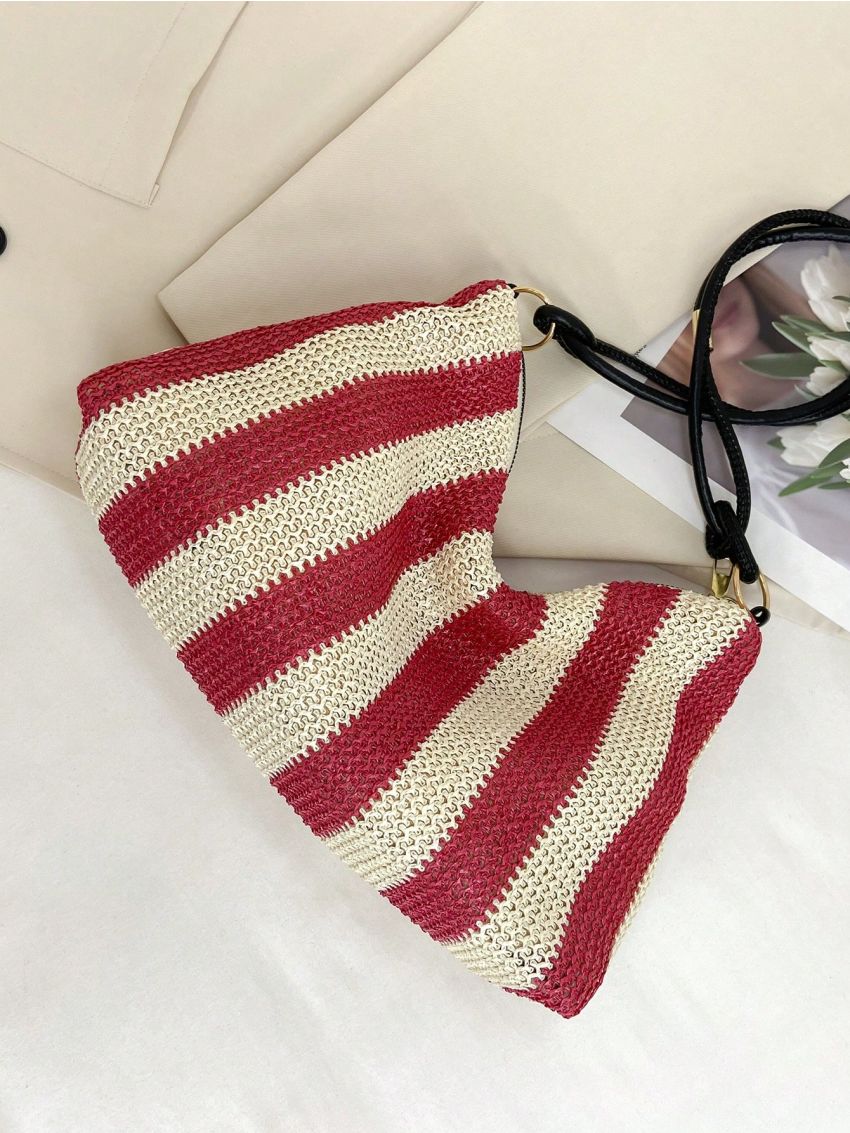 Striped Pattern Straw Bag Zipper