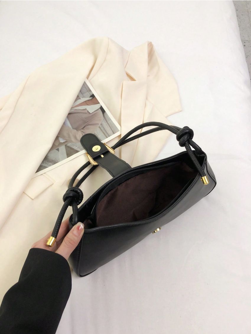 Mini Baguette Bag Buckle Decor With Zipper PU