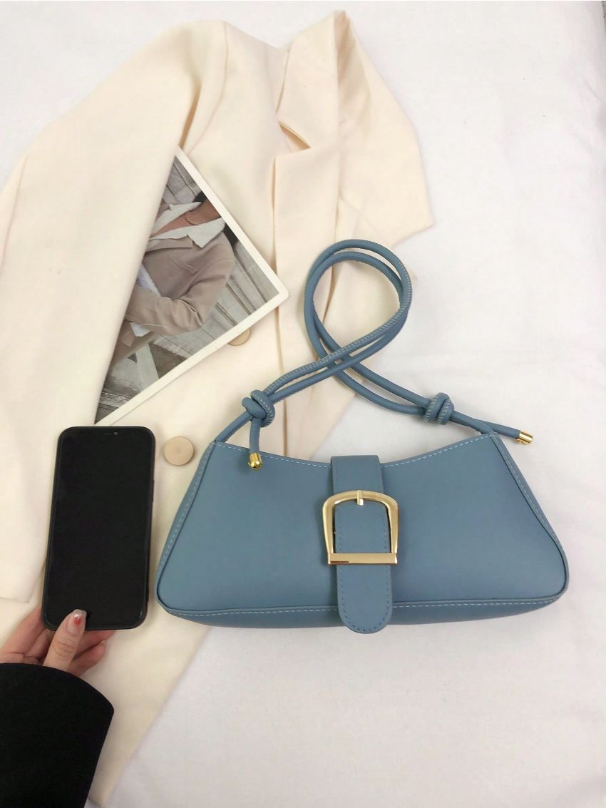 Mini Baguette Bag Buckle Decor With Zipper PU