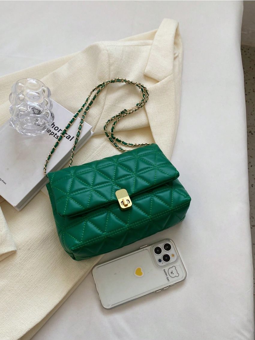 Quilted Square Bag Green Fashionable Chain Strap