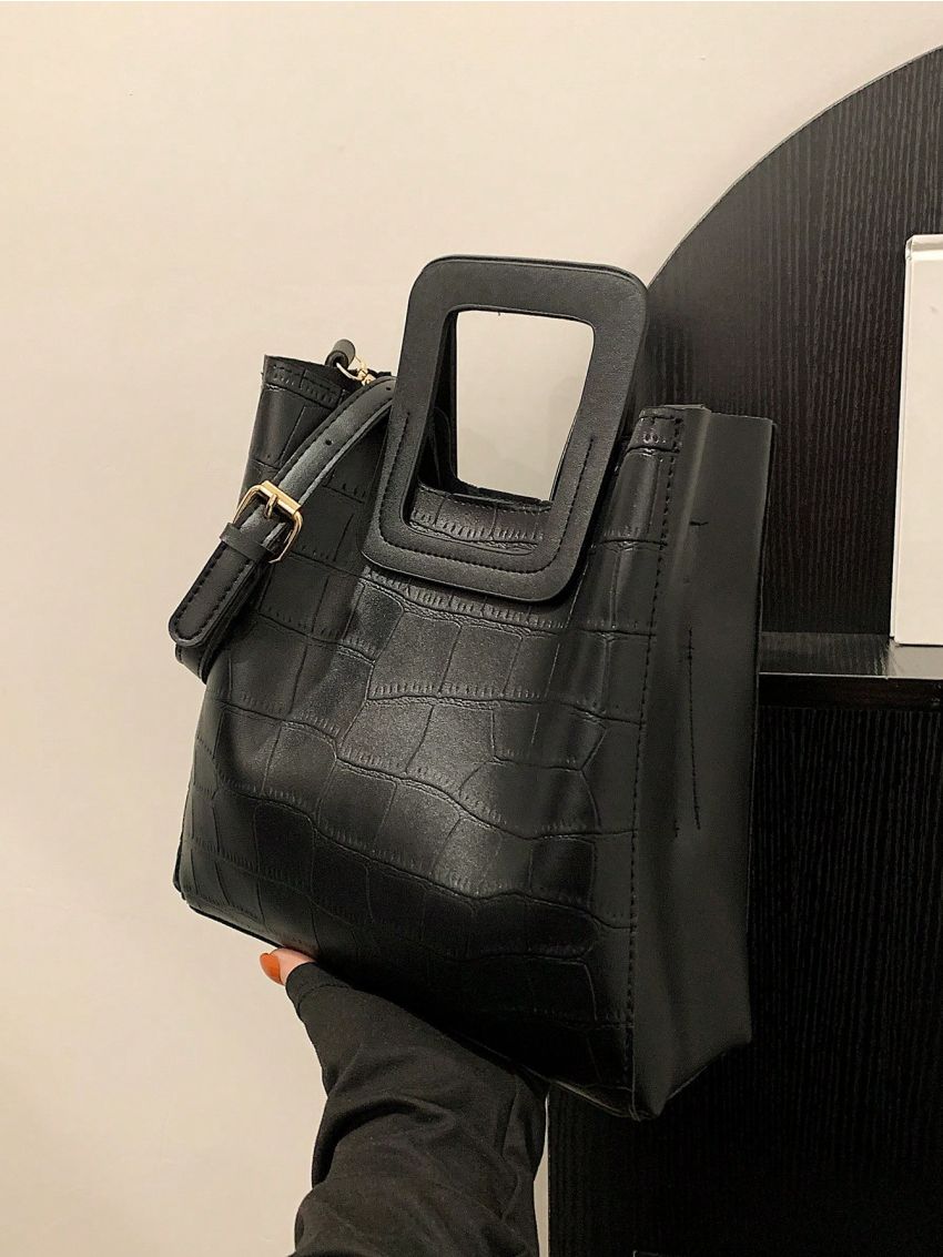 Black Bucket Bag Crocodile Embossed Double Handle PU