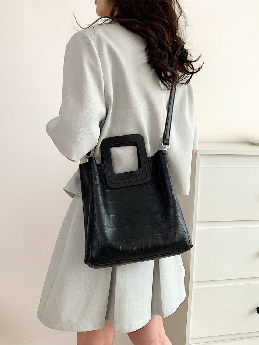 Black Bucket Bag Crocodile Embossed Double Handle PU