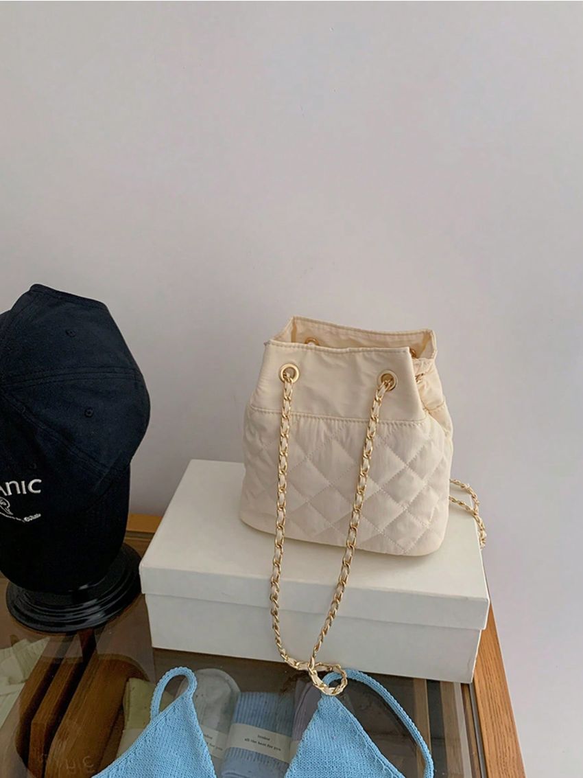 Quilted Pattern Bucket Bag Drawstring Chain