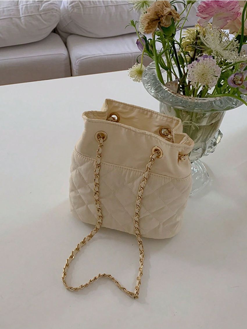 Quilted Pattern Bucket Bag Drawstring Chain