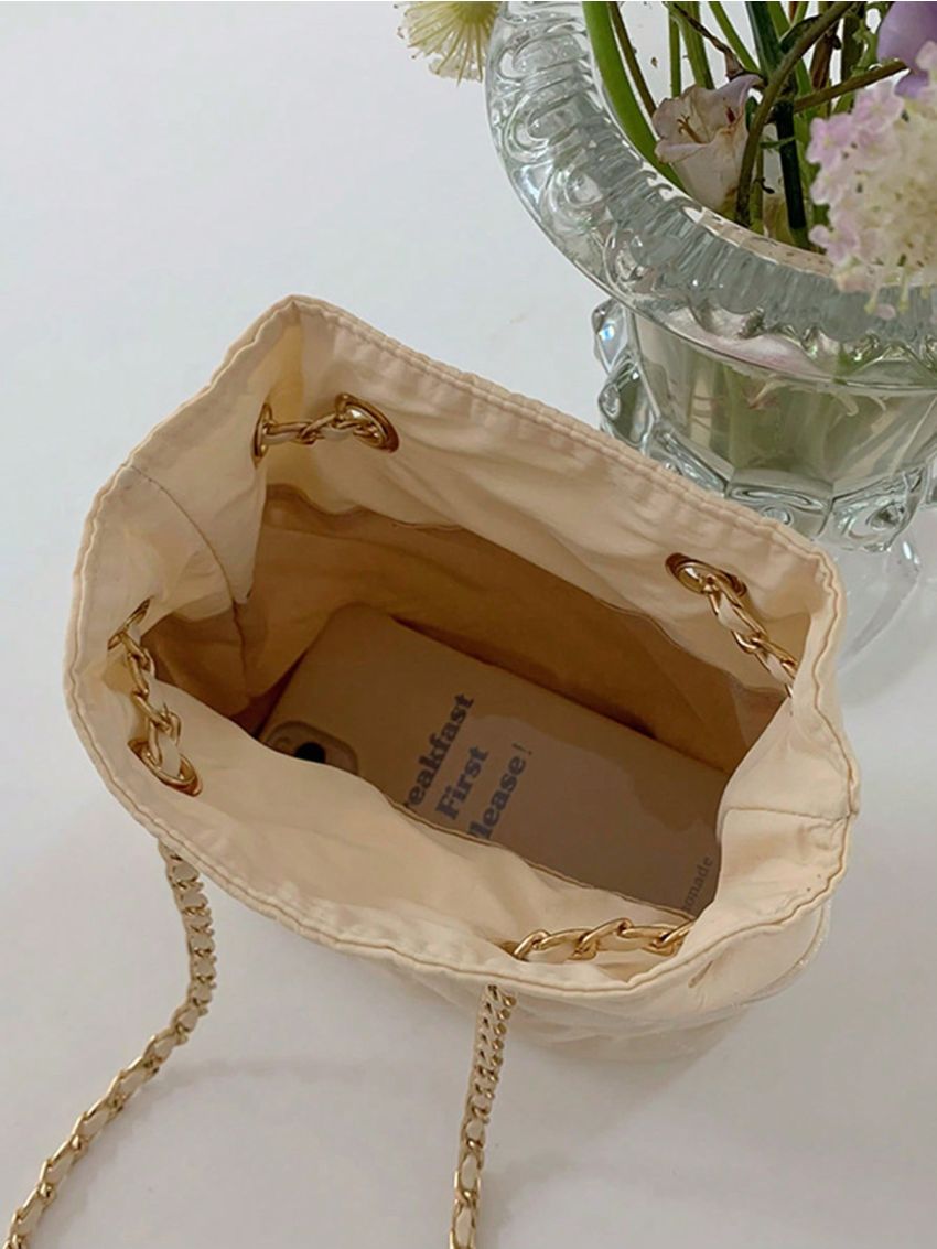 Quilted Pattern Bucket Bag Drawstring Chain