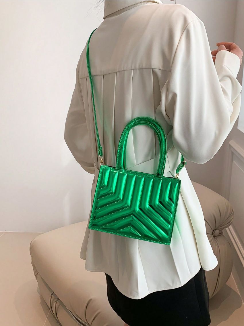 Mini Square Bag Green Quilted Double Handle