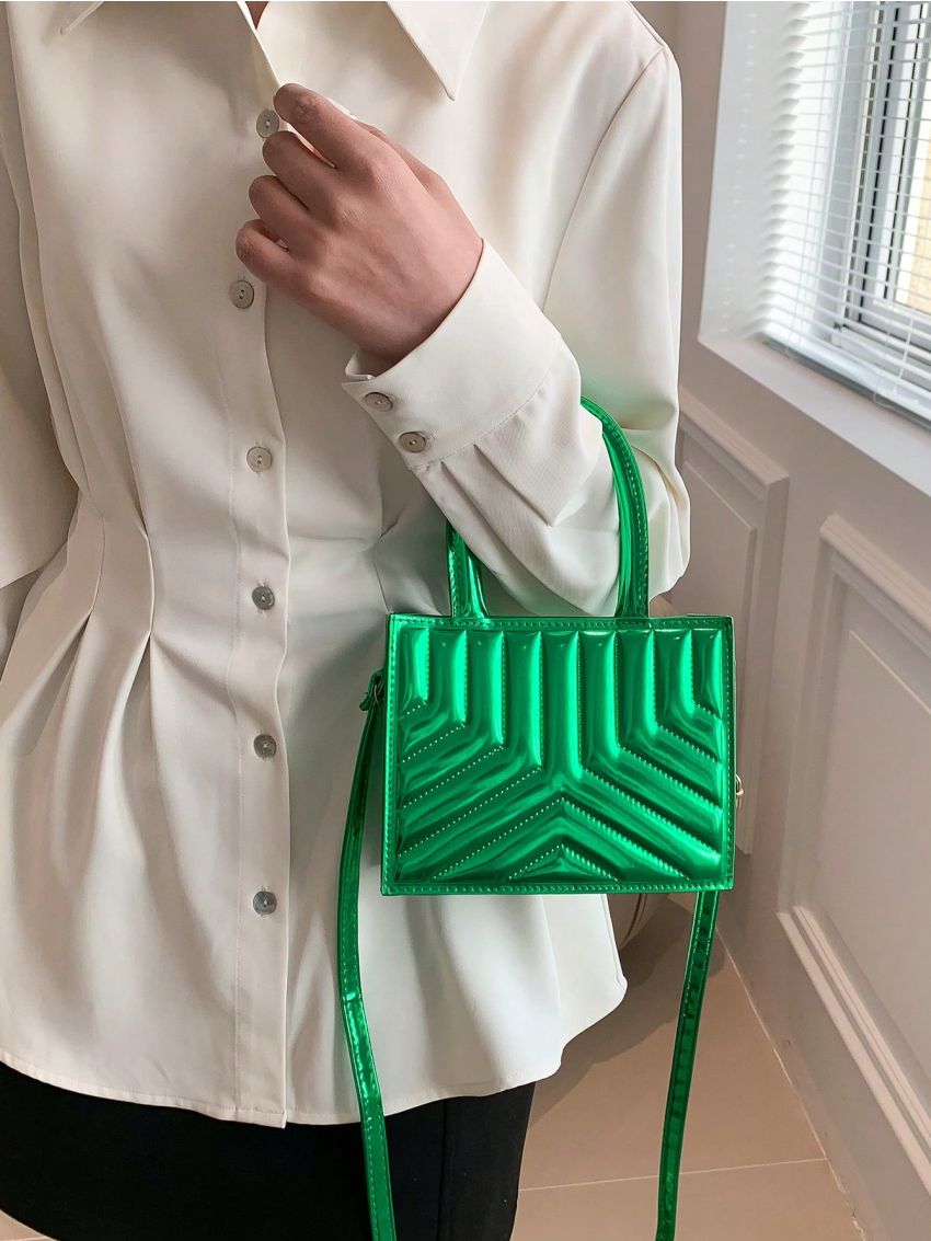 Mini Square Bag Green Quilted Double Handle