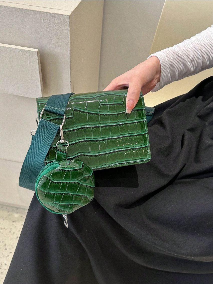 Crocodile Embossed Square Bag Dark Green Flap With Coin Purse