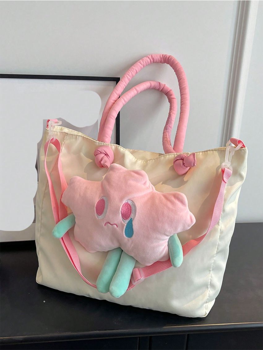 Colorblock Shoulder Tote Bag Cartoon Star Decor Double Handle