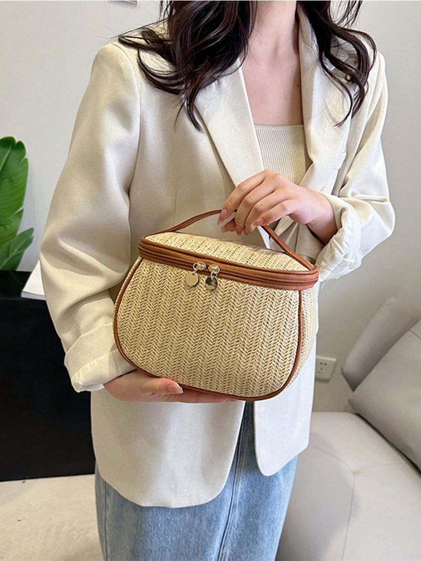 Small Straw Bag Vacation Piping Trim Zipper Paper For Summer
