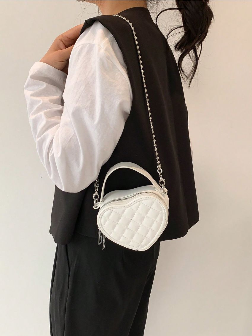Mini Novelty Bag Quilted Heart Design Chain Zipper PU