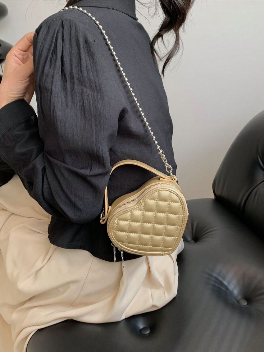 Mini Novelty Bag Quilted Heart Design Chain Zipper PU