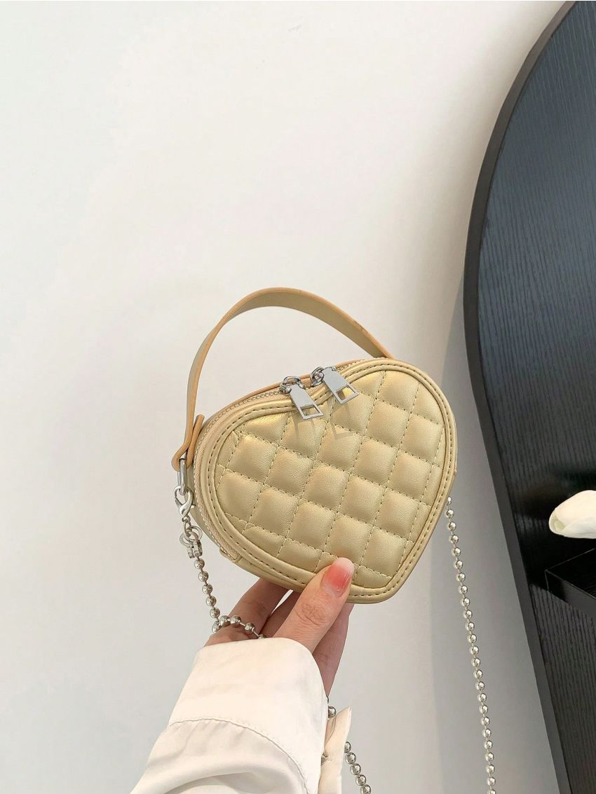 Mini Novelty Bag Quilted Heart Design Chain Zipper PU