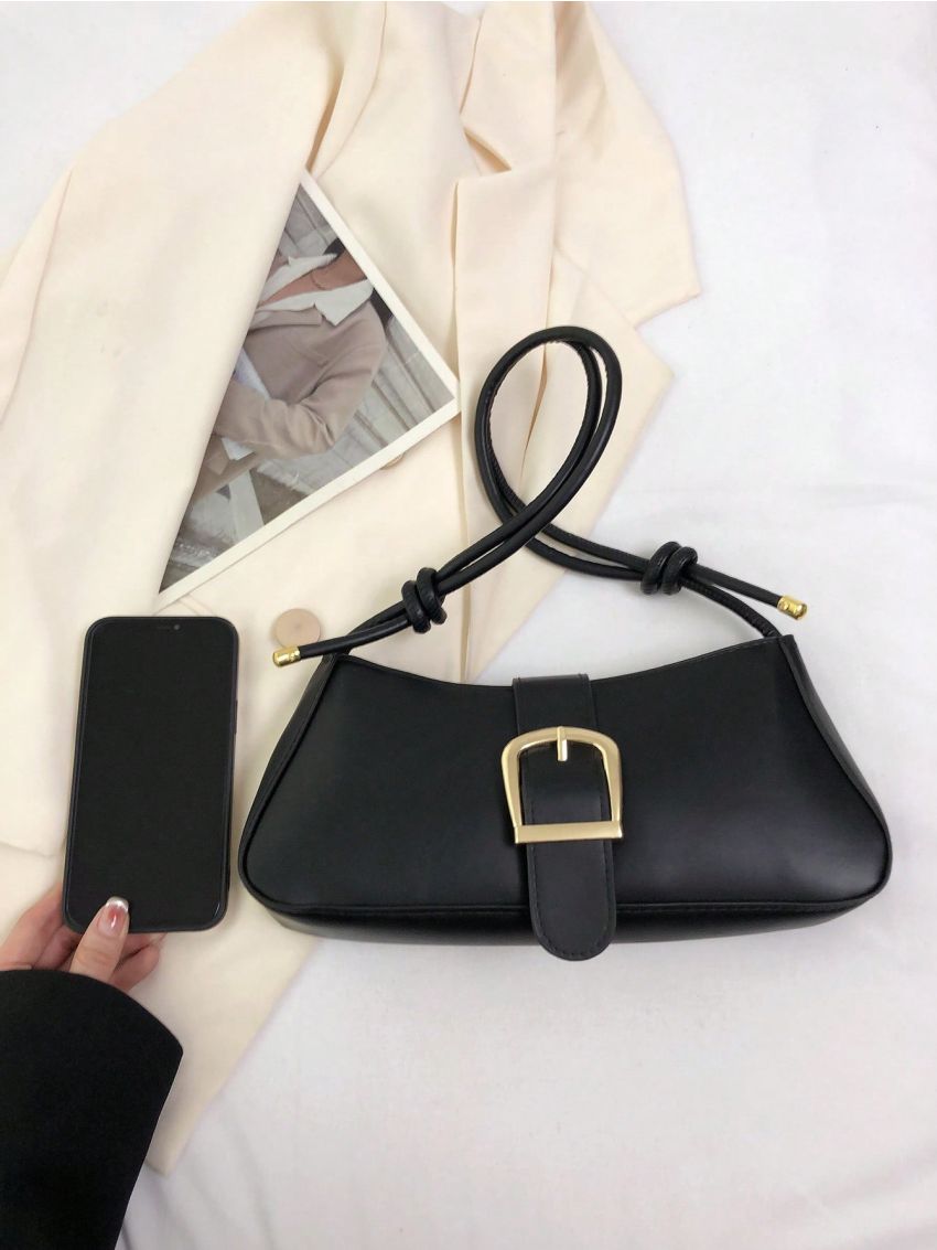 Mini Baguette Bag Buckle Decor With Zipper PU