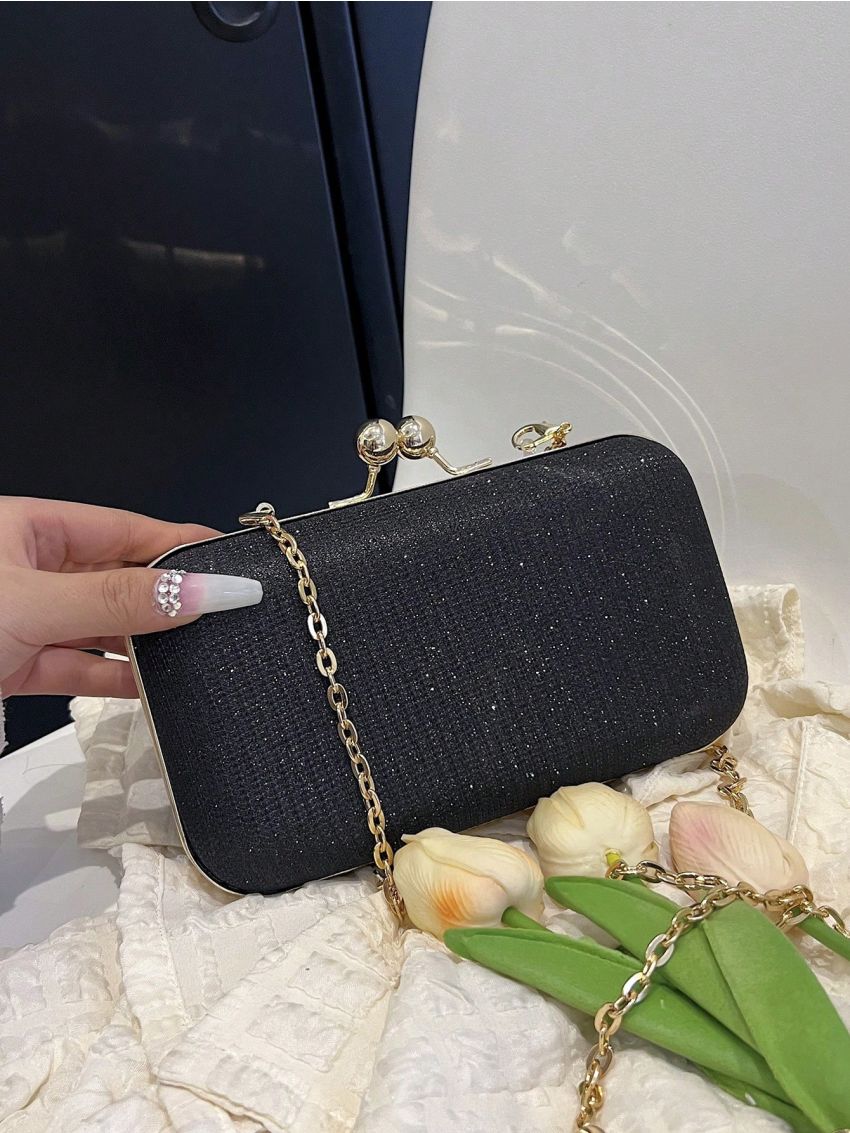 Mini Box Bag Chain Glitter Kiss Lock, Clear Bag