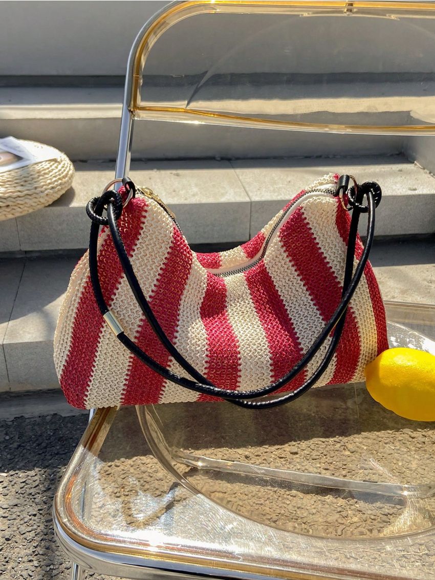 Striped Pattern Straw Bag Zipper