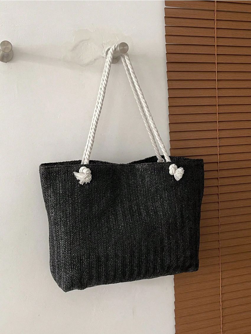 Large Straw Bag Paper For Vacation Black