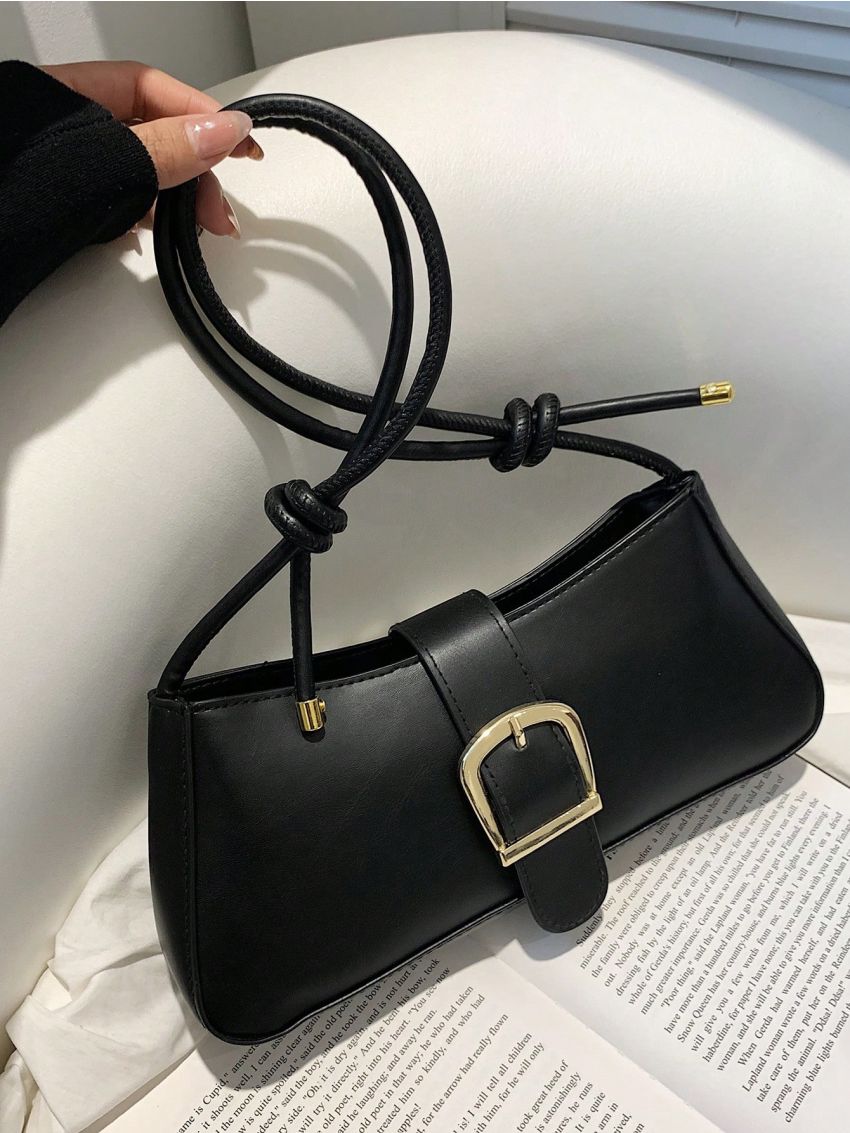 Mini Baguette Bag Buckle Decor With Zipper PU