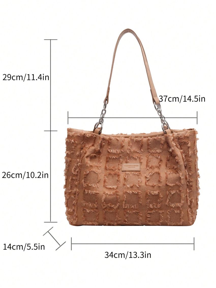 Plaid Pattern Shoulder Tote Bag Fashionable Letter Patch Decor Raw Trim