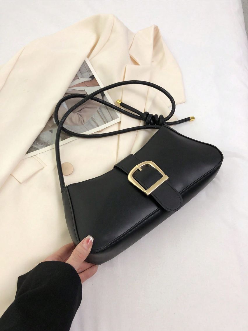 Mini Baguette Bag Buckle Decor With Zipper PU