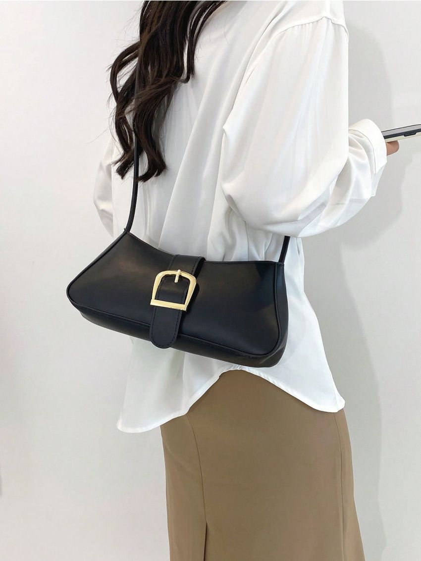 Mini Baguette Bag Buckle Decor With Zipper PU