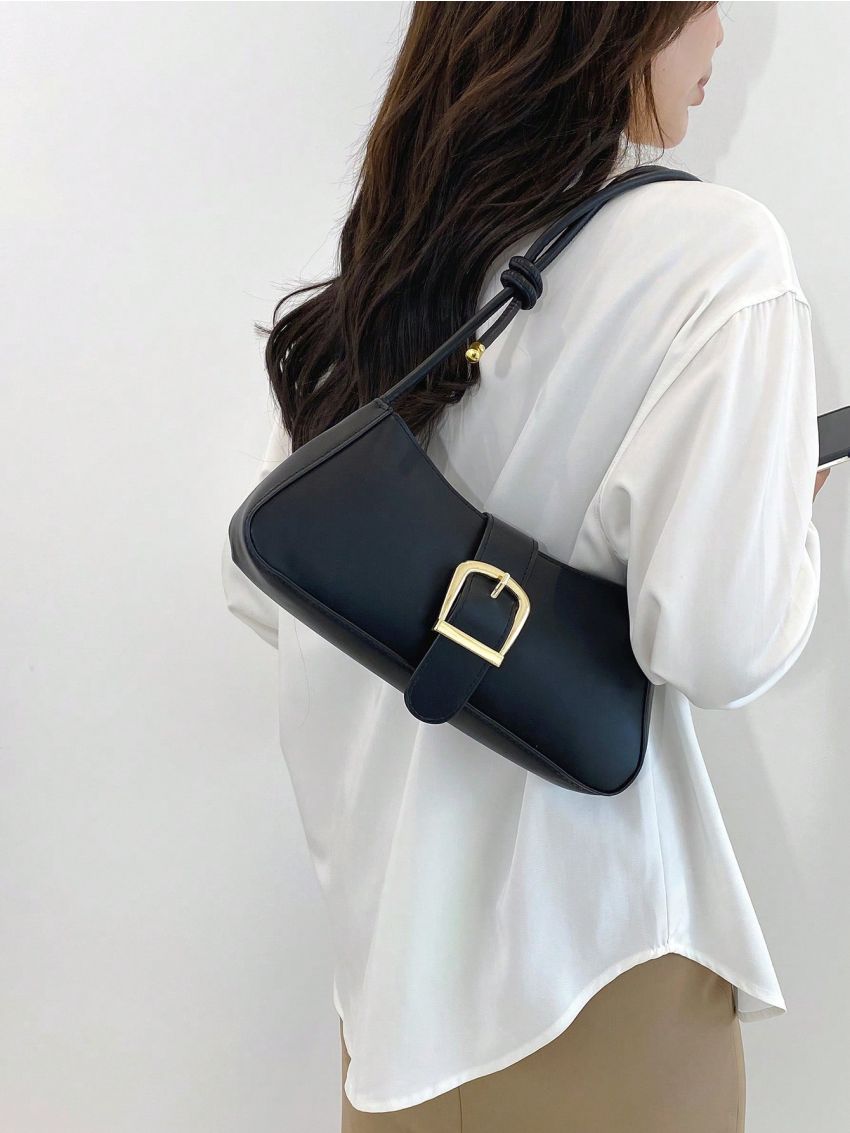 Mini Baguette Bag Buckle Decor With Zipper PU