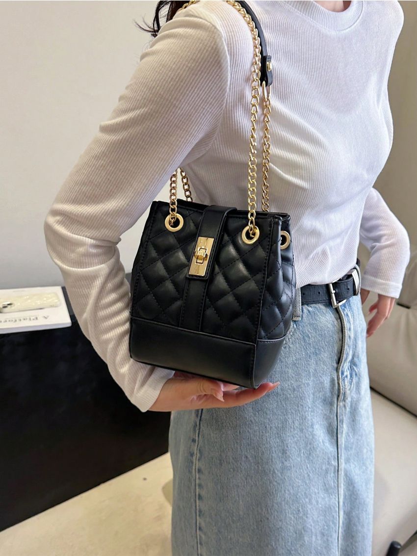 Mini Bucket Bag Quilted Detail Twist Lock Chain PU