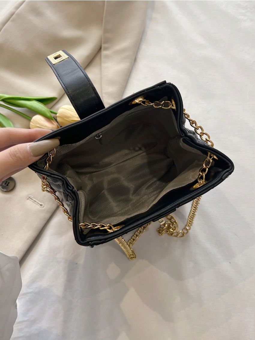 Mini Bucket Bag Quilted Detail Twist Lock Chain PU