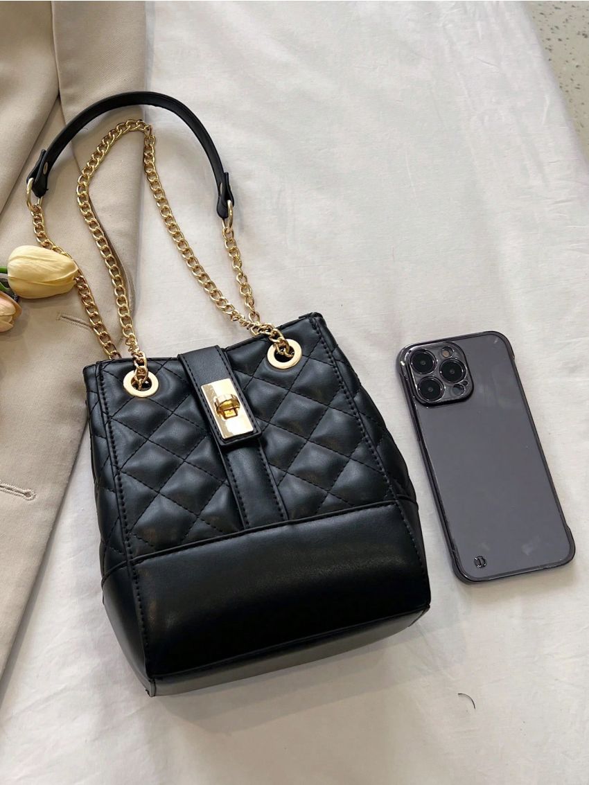 Mini Bucket Bag Quilted Detail Twist Lock Chain PU