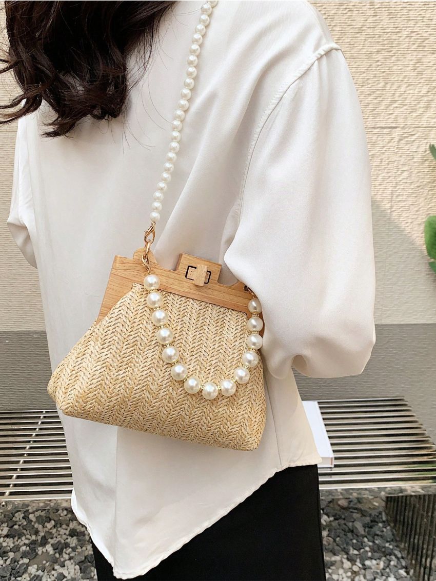 Mini Straw Bag Faux Pearl Beaded Twist Lock Vacation