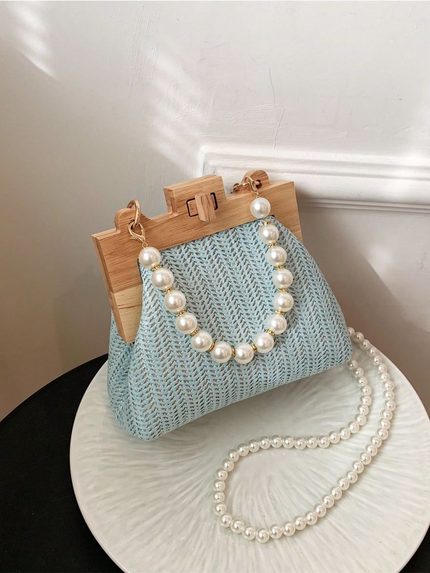 Mini Straw Bag Faux Pearl Beaded Twist Lock Vacation