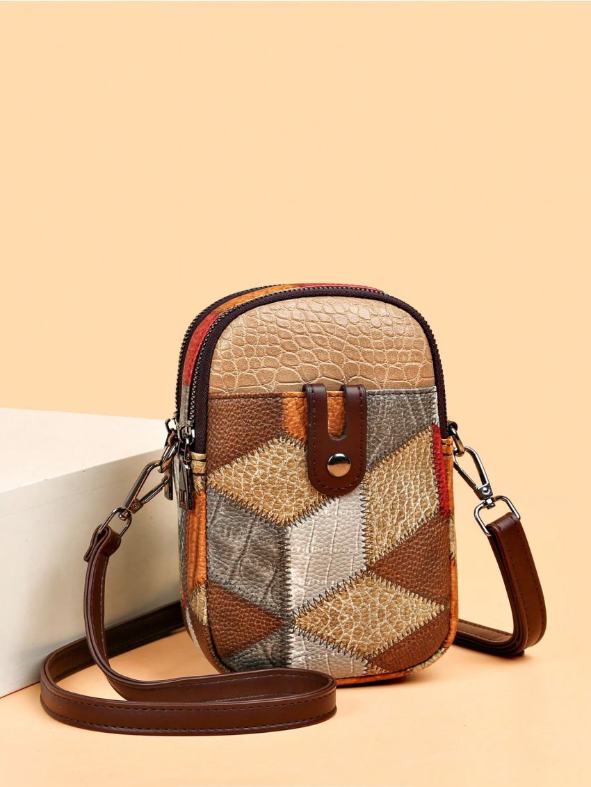 PU Phone Wallet Colorblock Stitching Detail Adjustable Strap