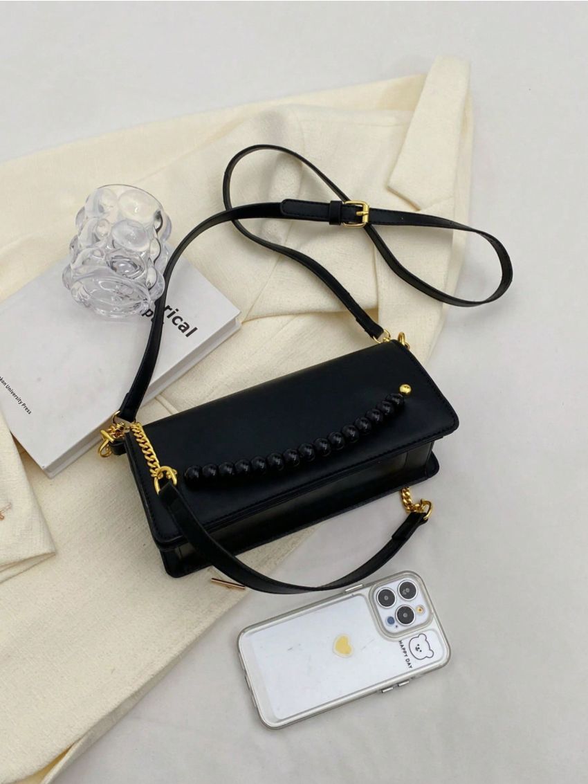 Beaded Decor Baguette Bag Medium Black