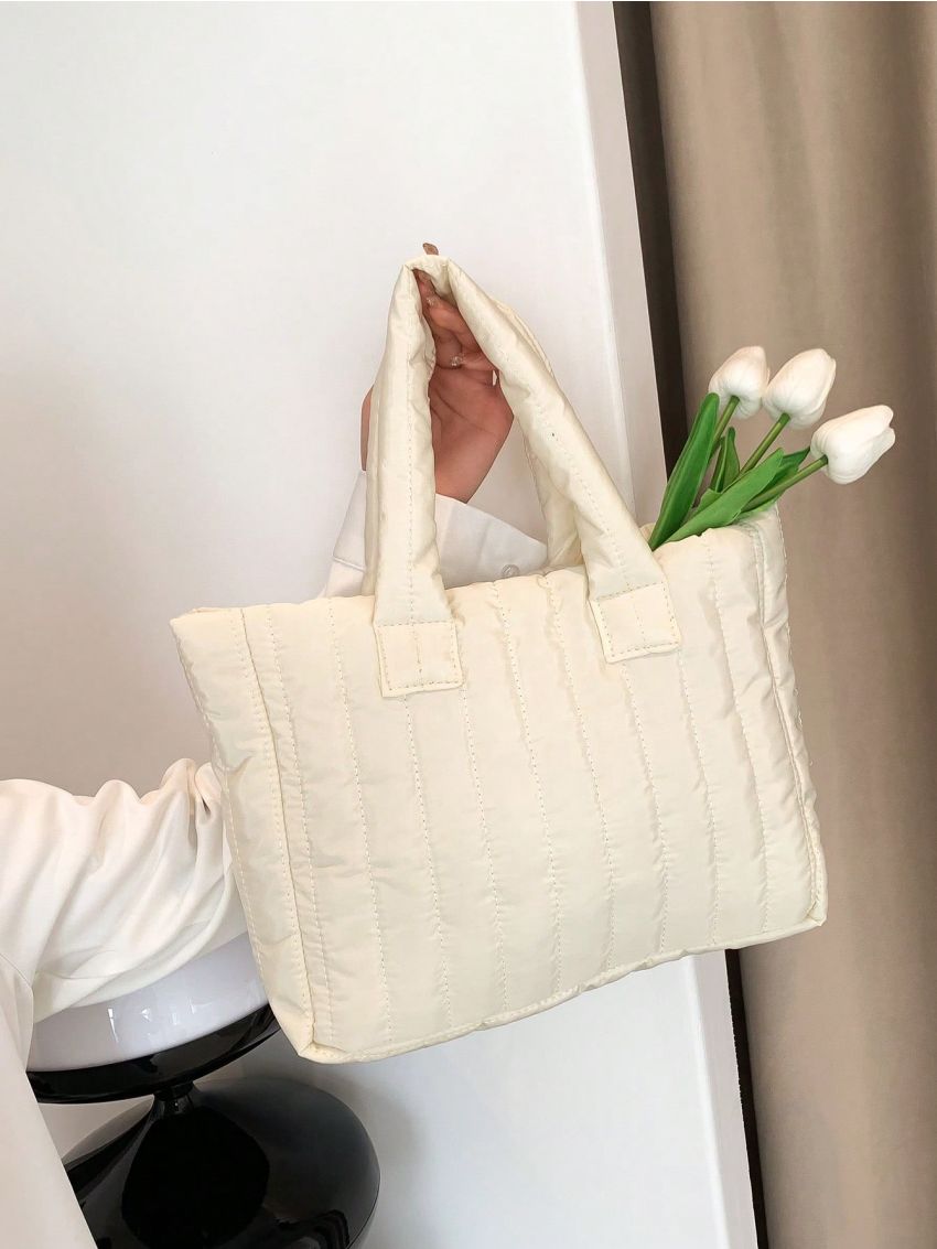 Small Shoulder Tote Bag White Quilted Polyester
