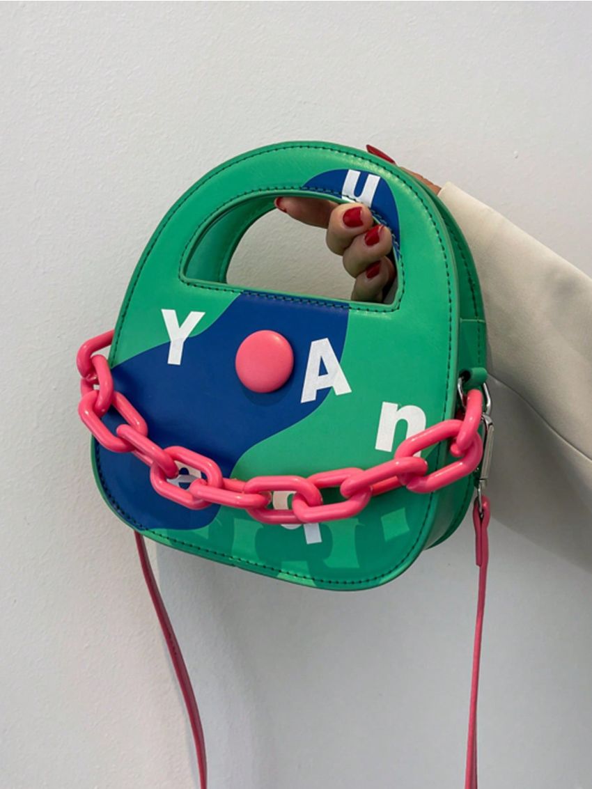Mini Novelty Bag Colorblock Letter Graphic Button & Chain Decor