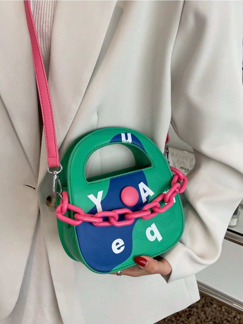 Mini Novelty Bag Colorblock Letter Graphic Button & Chain Decor