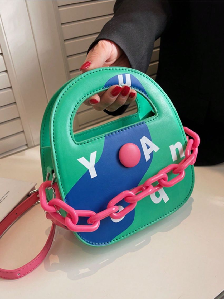 Mini Novelty Bag Colorblock Letter Graphic Button & Chain Decor