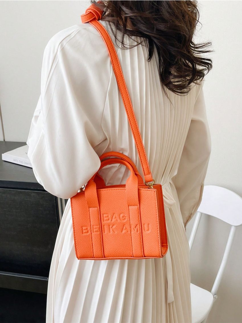 Mini Square Bag Letter Embossed Neon Orange Funky