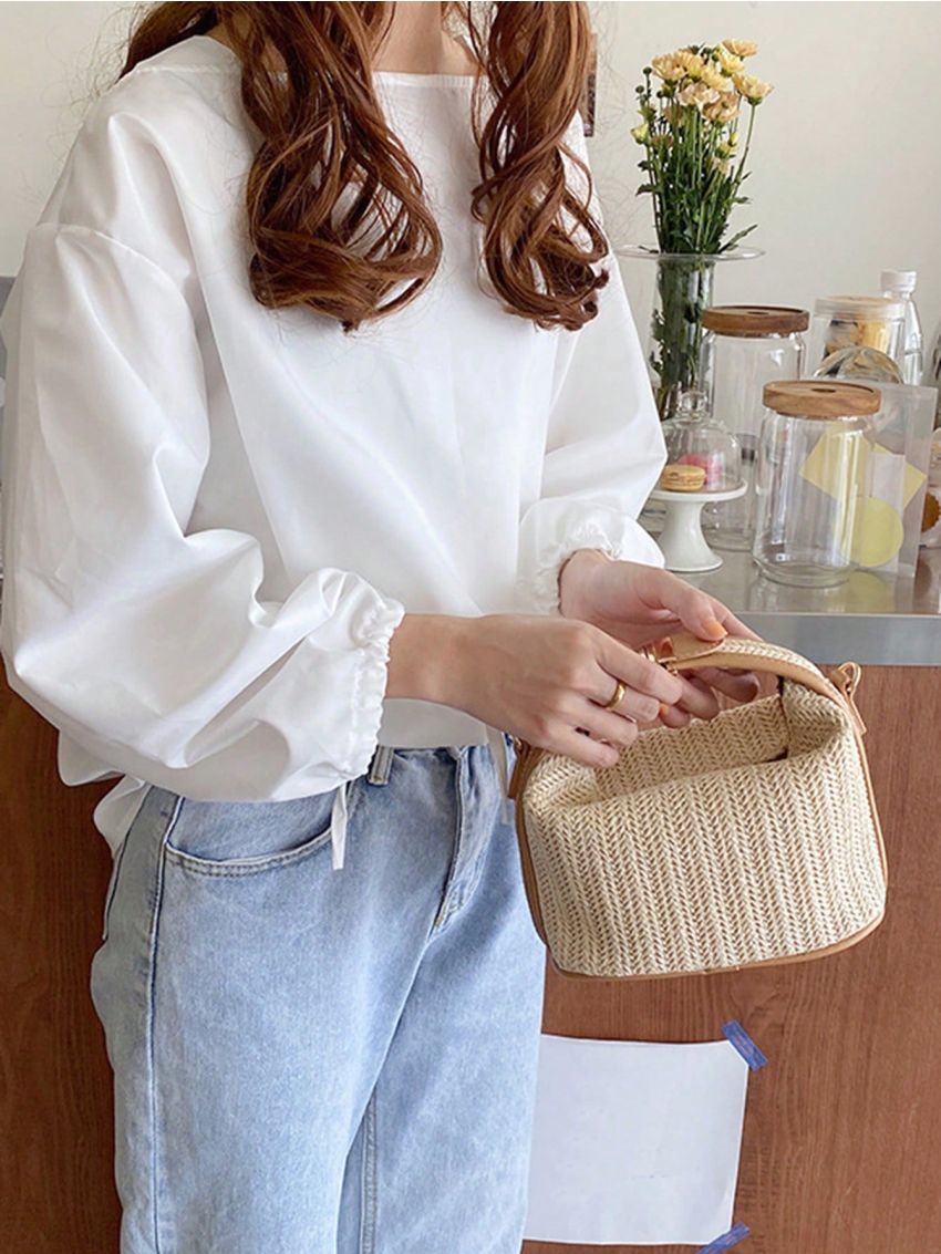 Two Tone Push Lock Straw Bag