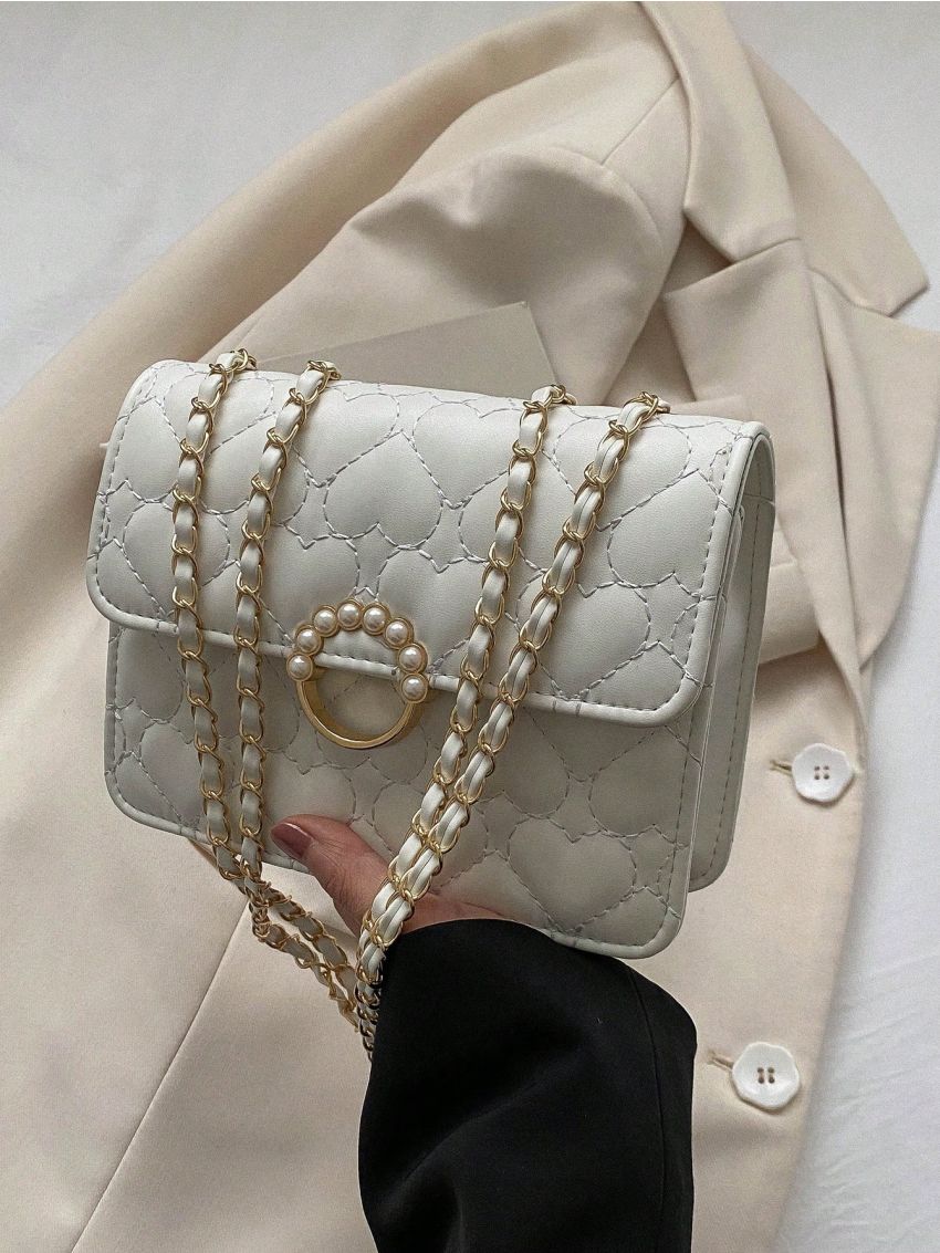 Mini Square Bag Quilted Faux Pearl Decor Chain Strap