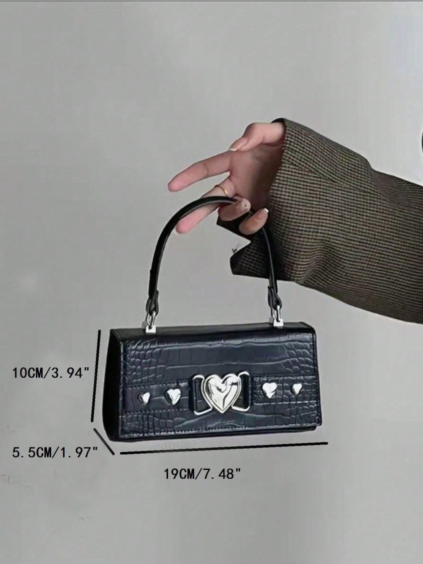 Crocodile Embossed Square Bag Metal Heart Decor Top Handle For Daily