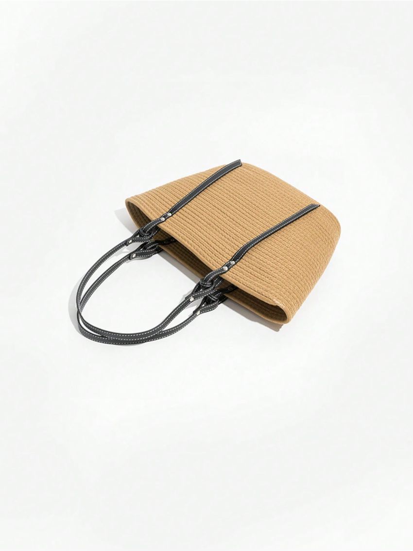 Khaki Crochet Bag Large Capacity Double Handle For Vacation