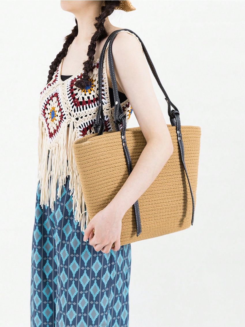 Khaki Crochet Bag Large Capacity Double Handle For Vacation