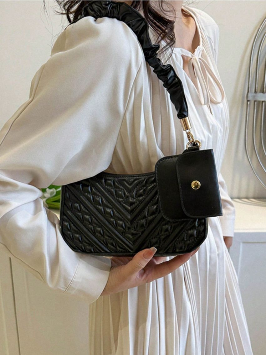 Black Hobo Bag Chevron Pattern Top Handle With Coin Purse