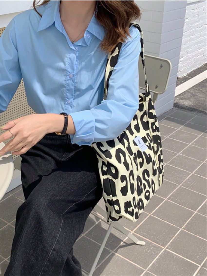 Letter Patch Shoulder Tote Bag Leopard Print Double Handle, Large Capacity Tote Bag For Work And Travel