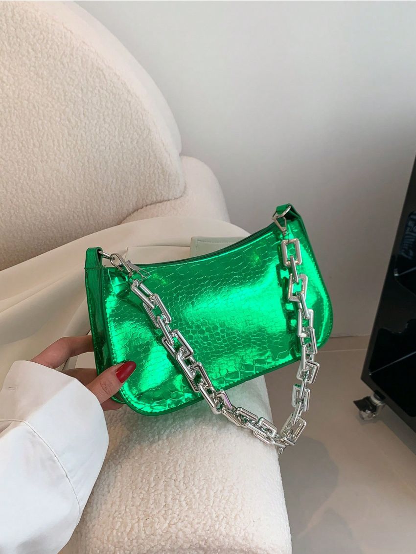 Crocodile Embossed Hobo Bag Green Funky Chain Strap